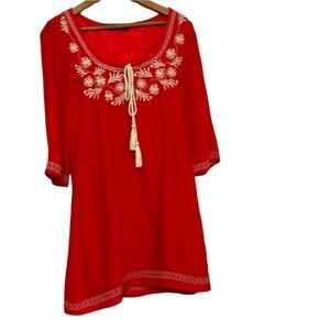 THEME embroidered red dress SMALL long sleeve lightweight mini dress cover up